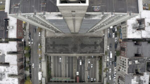 A top-down image taken from the top of a skyscraper by a drone
