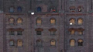 A building's facade, taken from a drone inspection