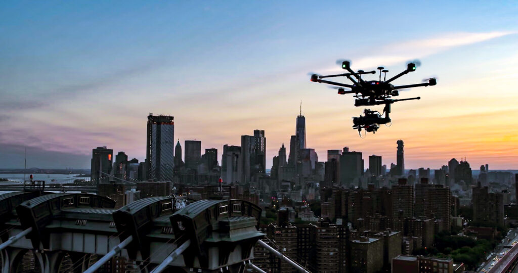 A drone equipped with camera equipment flies over the Williamsburg Bridge