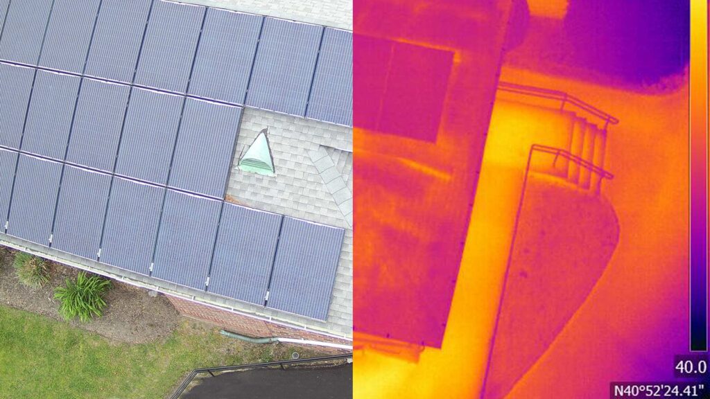 Side by side images of the roof of a building, one with a normal camera and one that is a thermal image
