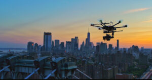 A drone equipped with high-res cameras flies over the skies of NYC